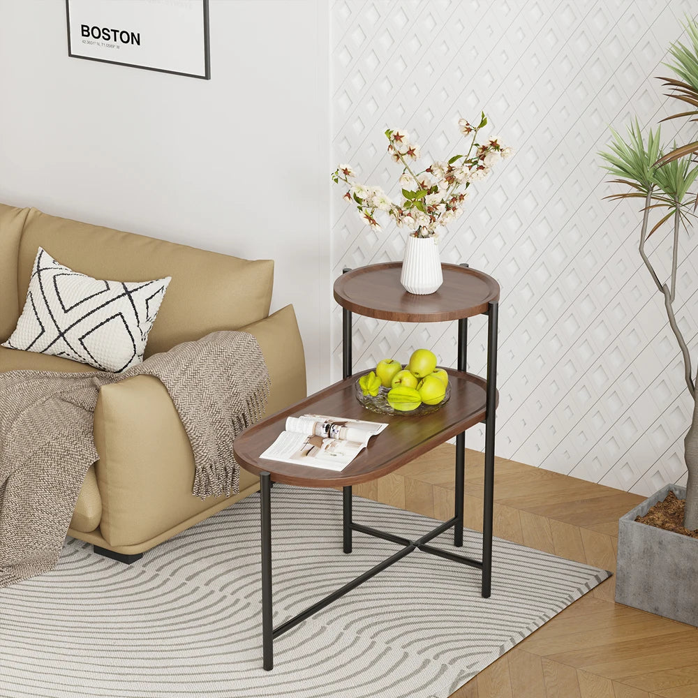 2-tier end table round and oval sofa side medical food tray overbed bedside for living room bedroom patio - brown