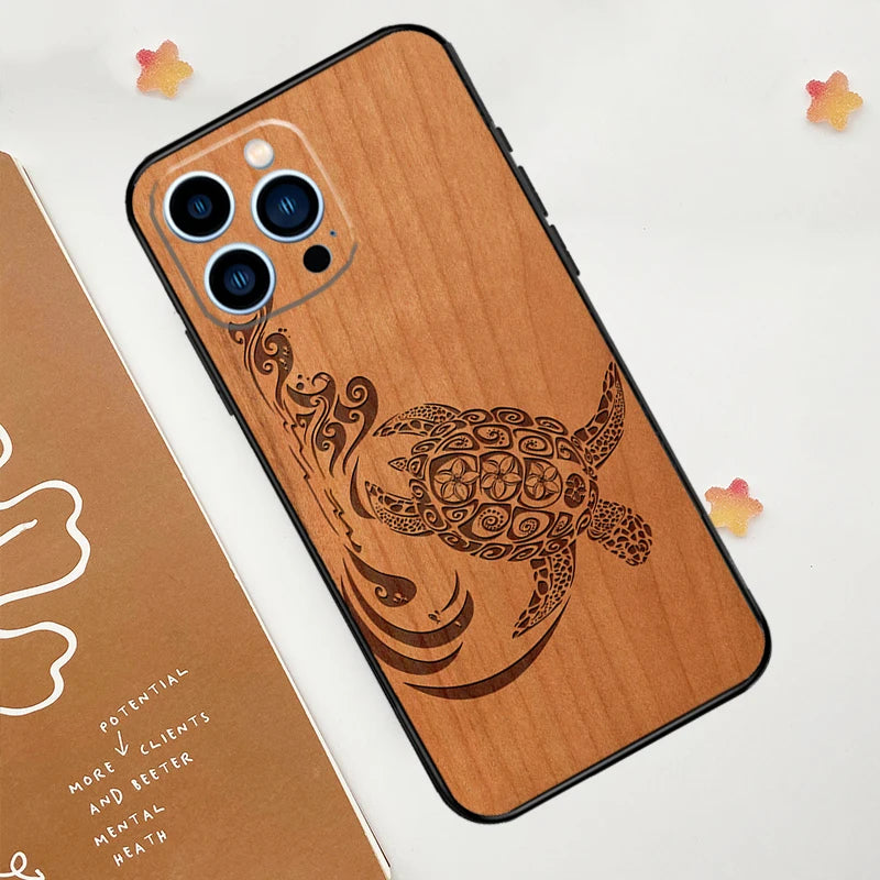 Turtle elephant dragon wood phone case for iphone 15 16 14 13 12 11 pro max mini plus xs x xr back cover - 9275 / 7 8