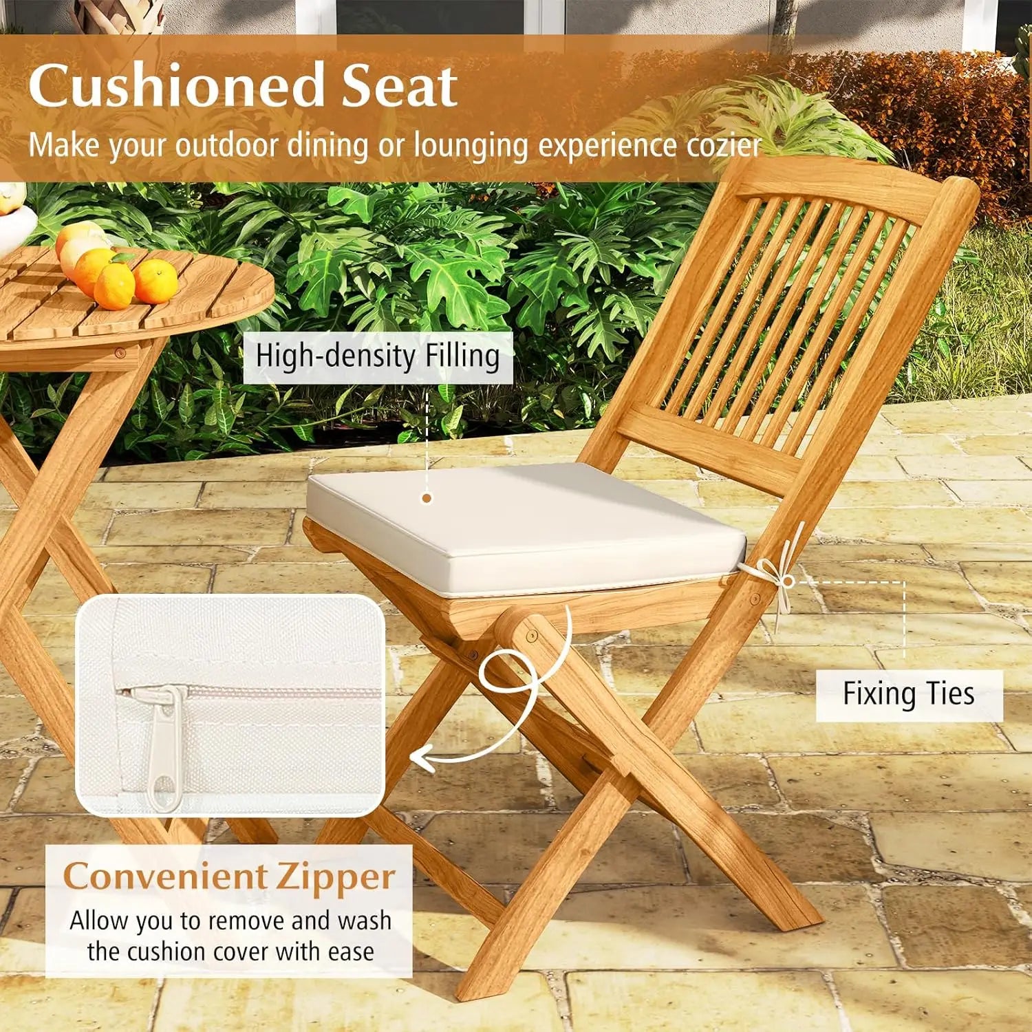 3 pieces acacia wood patio folding bistro set outdoor table and chairs with soft cushions furniture for porch - united