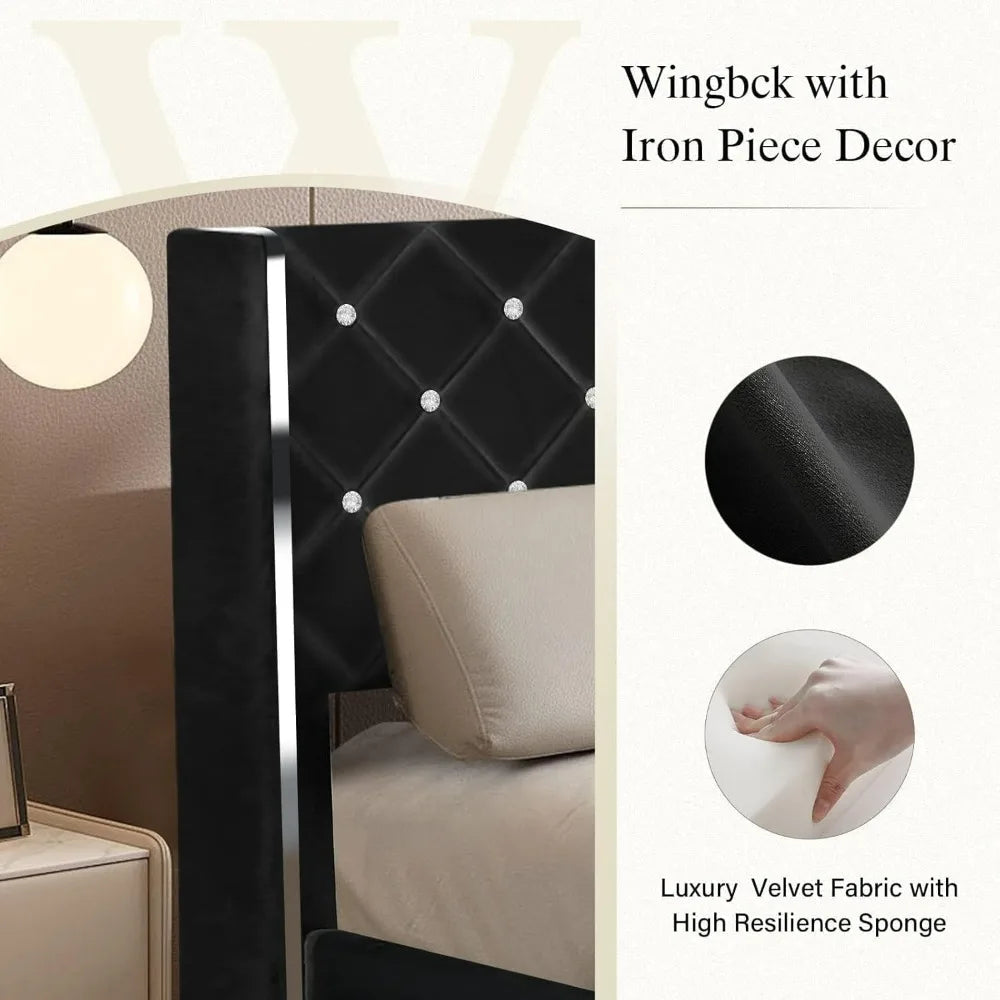 Hombck bed frame queen size velvet upholstered with wingback and diamond headboard wood slat support no box s - black