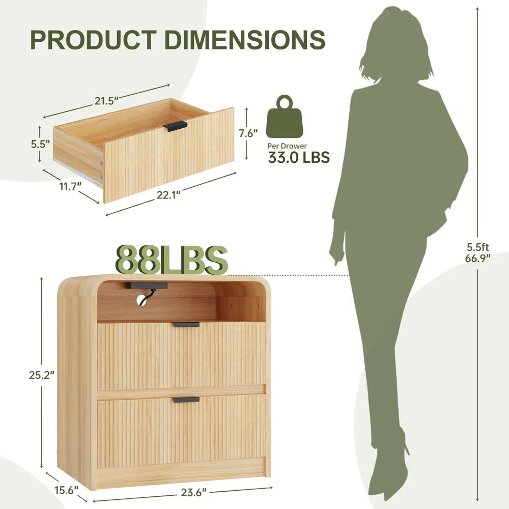 Fluted nightstand with charging station wooden end table 2 drawers storage curved profile design modern bedside cabinet