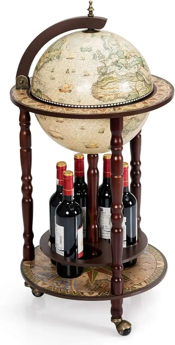 Italian replica 17th century globe wine bar stand with wooden cabinet and rolling wheels for liquor bottles - united
