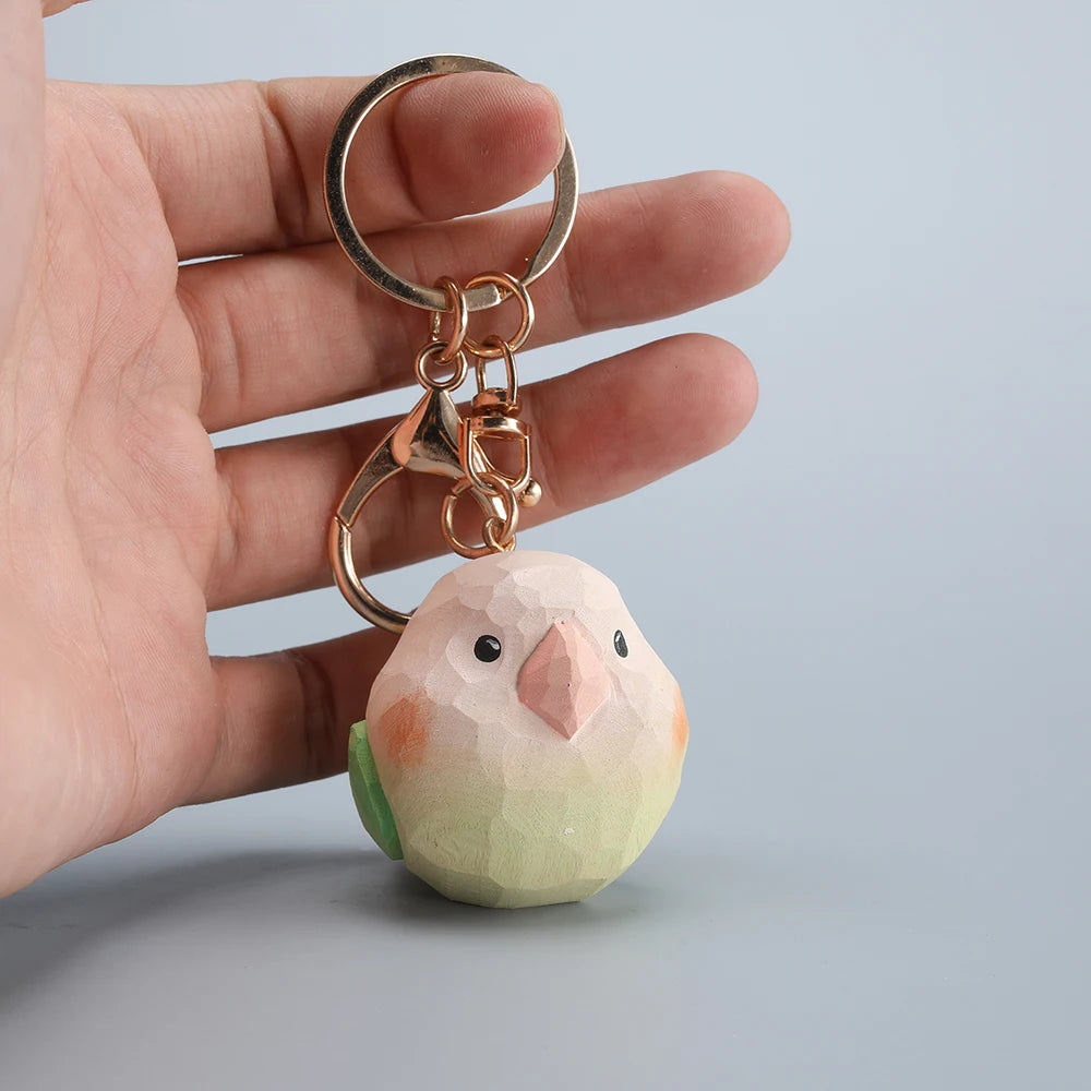 Handcrafted green parrot keychain wooden sculpture bag charm car key holder blue keyring handmade gift christmas