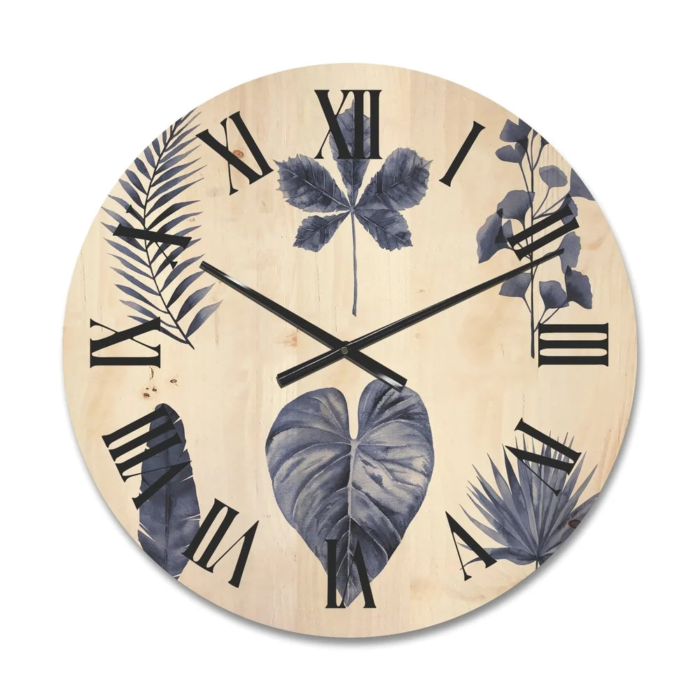 Traditional wood wall clock abstract plant leaves blue art ready to hang unique design home office decor battery