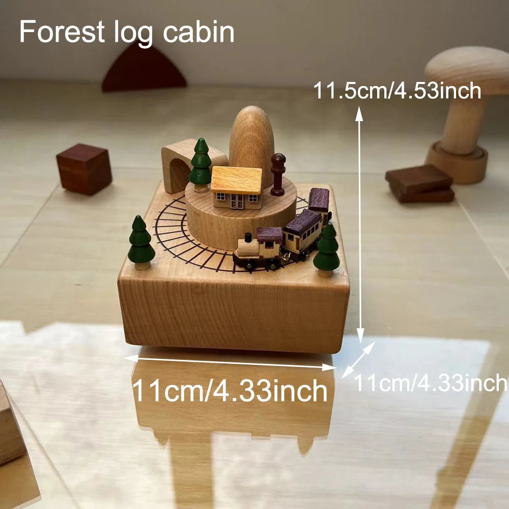 Cottage garden castle car woodgrain wind-up musical figurine wooden creative music box carousel train birthday gifts