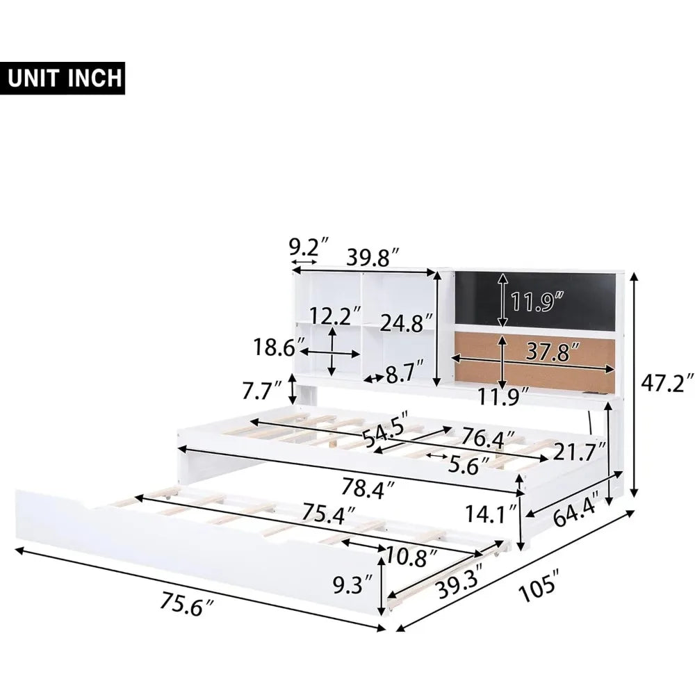 Merax full size daybed with trundle wood frame storage shelves blackboard cork board and usb ports white - united