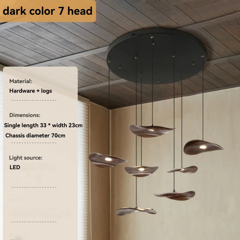 Solid wood walnut color leaf multi-head combination chandelier living room main lamp restaurant wabi-sabi retro style