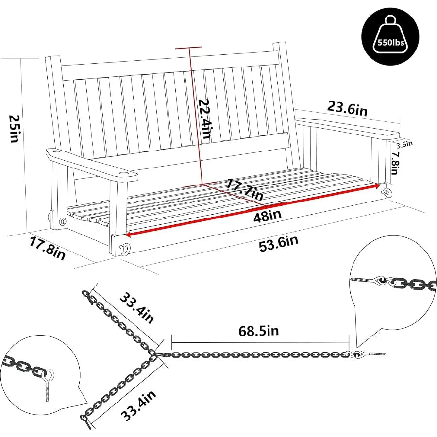 4 ft wooden outdoor porch swing hanging bench chair with chain heavy duty 550lbs for deck garden yard rustic - united
