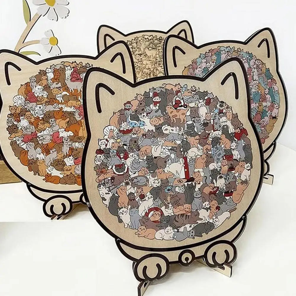 Colorful wooden cat puzzle unique animal shape jigsaw for home decor fun educational toys kids & adults