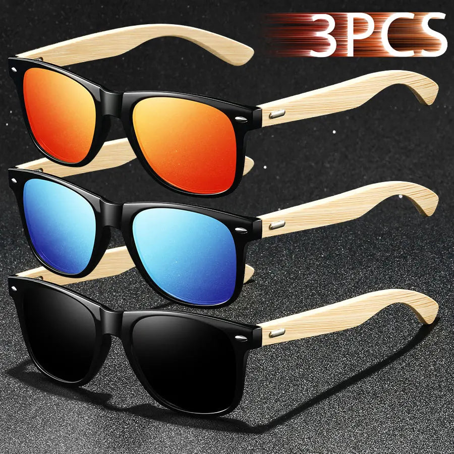 3pcs fashion vintage bamboo wood square sunglasses men women fishing driving man luxury brand designer sun glasses
