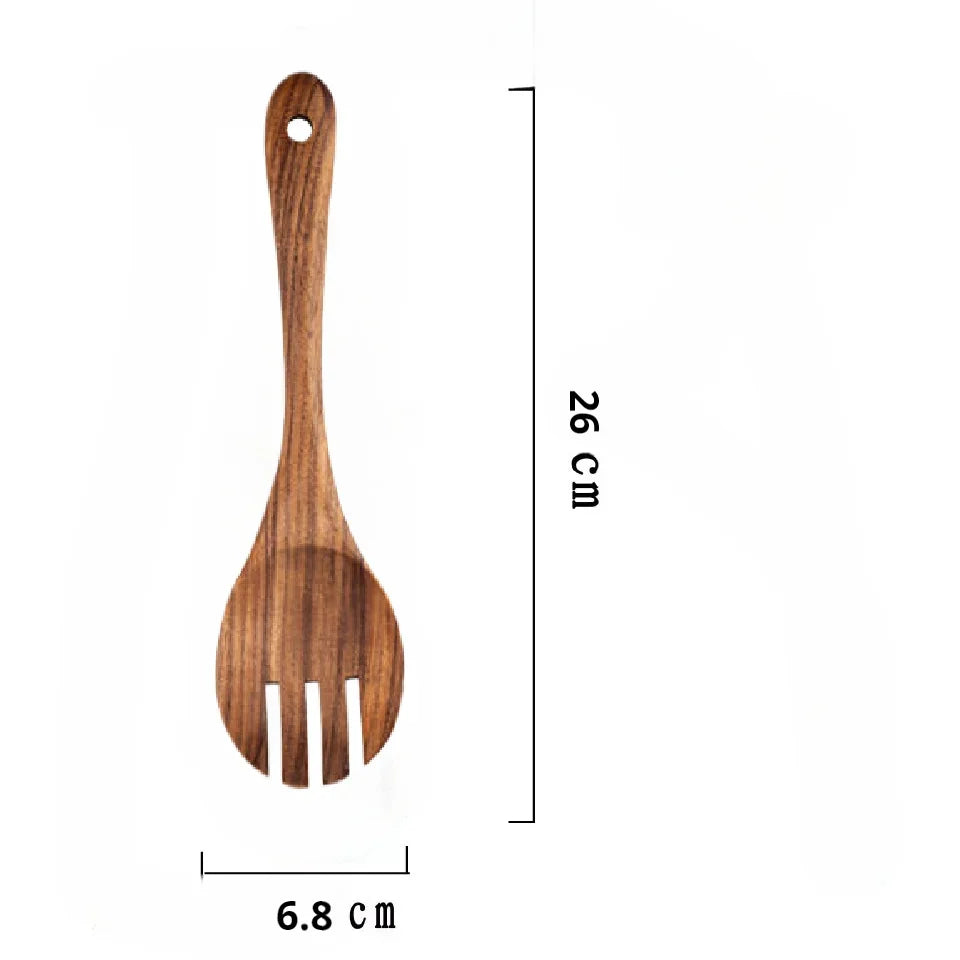 Natural wooden tableware teak wood nanmu spoon extra long leaking soup cooking kitchen utensils - salad fork h