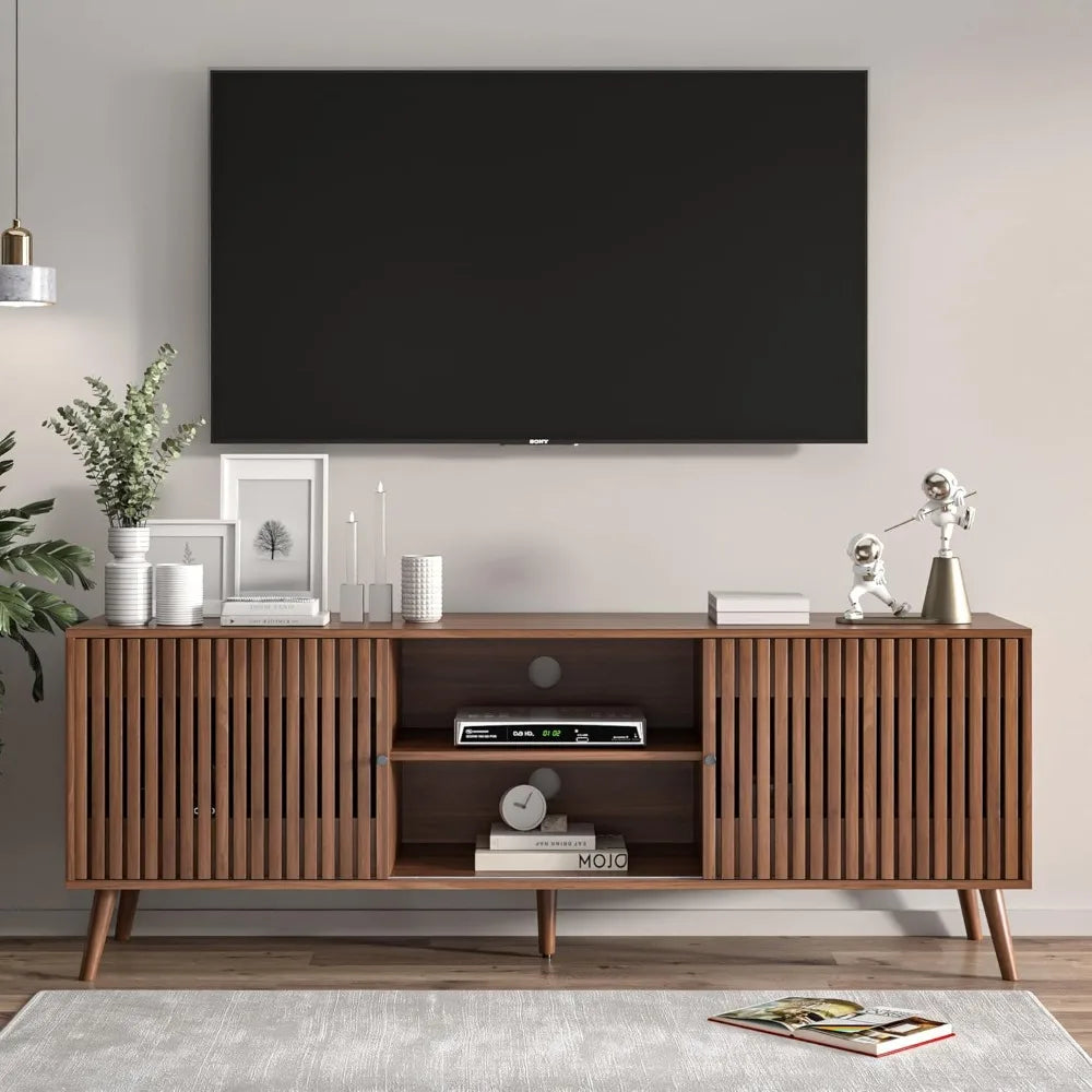 Mid century modern tv stand for televisions up to 70 inches with sliding doors and storage television stands consoles