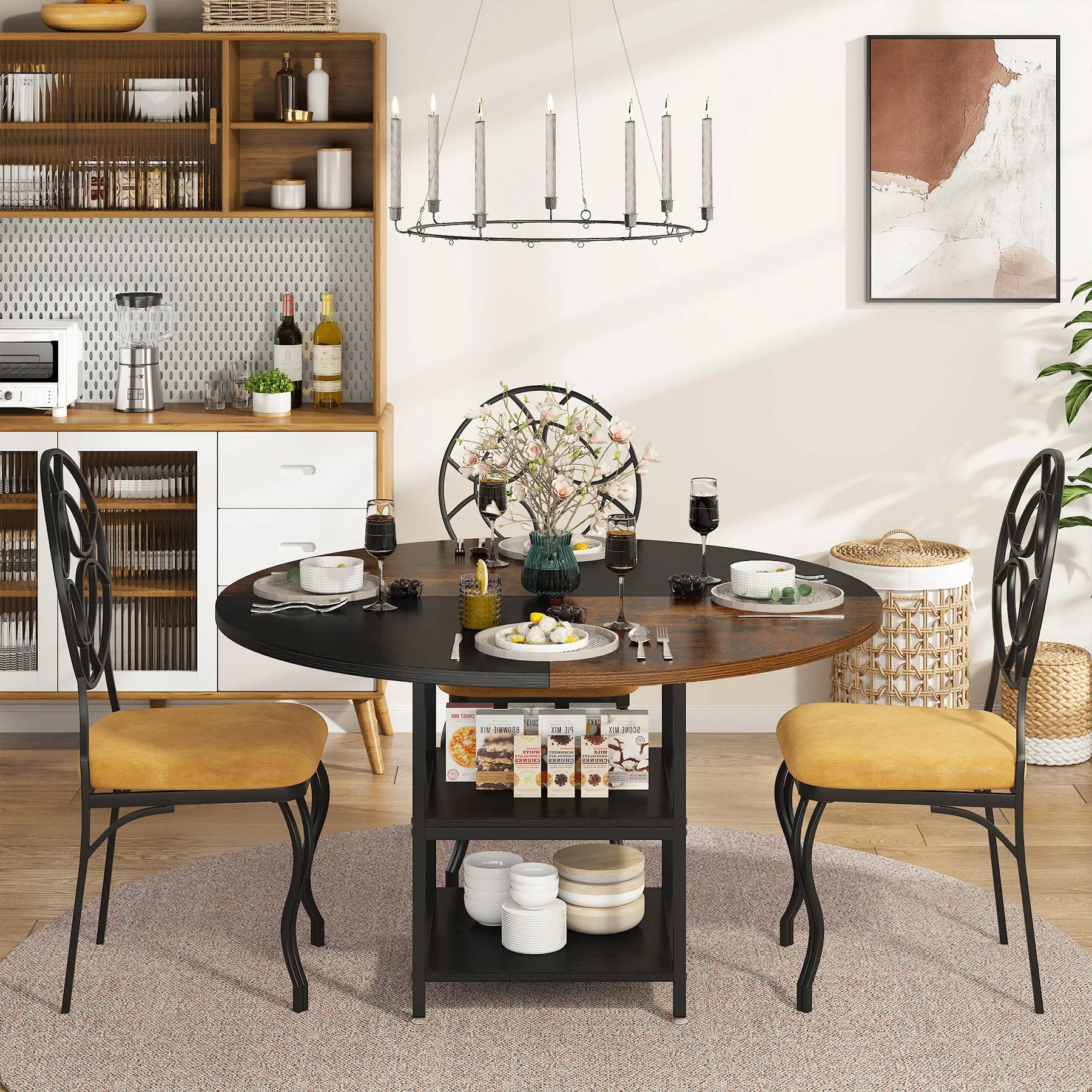 Tribesigns 47 inch round dining table for 4 wood kitchen large dinner with storage shelf home room