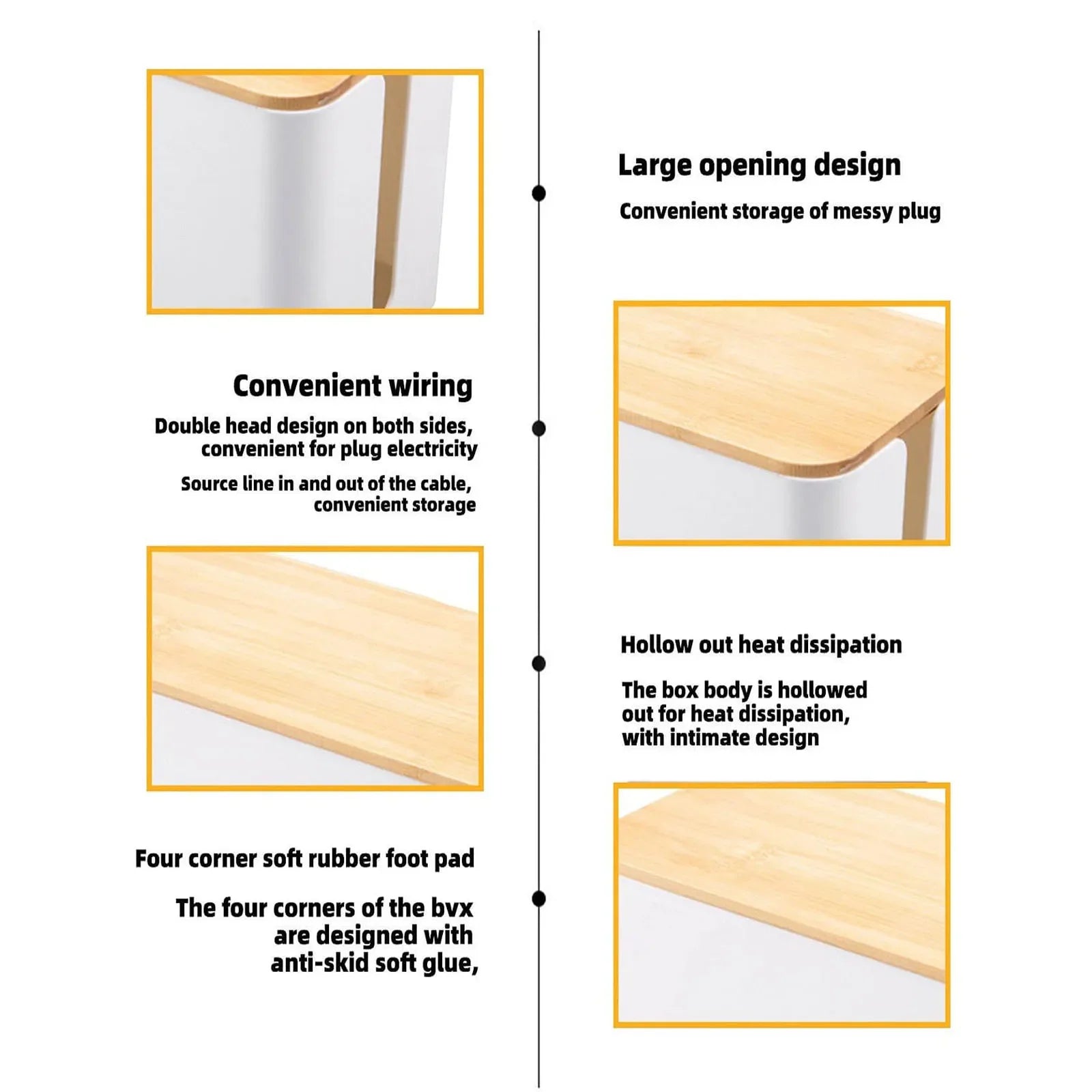 Cable management box cord hider,extension socket organizer with bamboo wood cover for router desk power strip