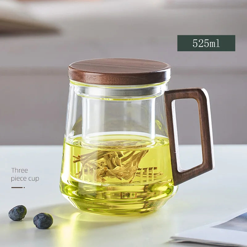 Gianxi glass tea cup with wood handle chinese heat resistant puer filter cups high quality and convenient kung fu set