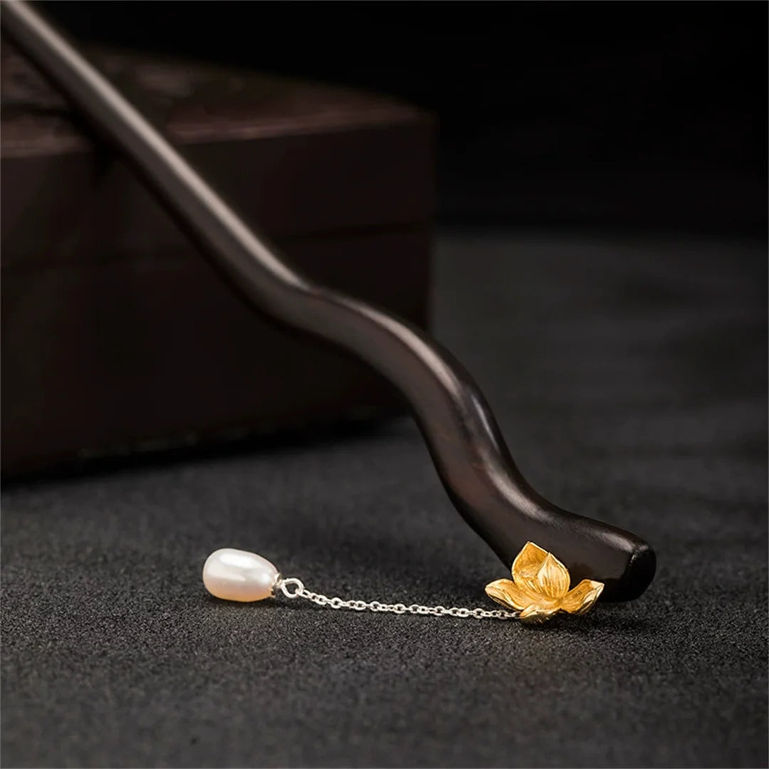 S925 sterling silver womens men hairpin retro ebony wood lotus pearl flower blossom chinese style hanfu hair