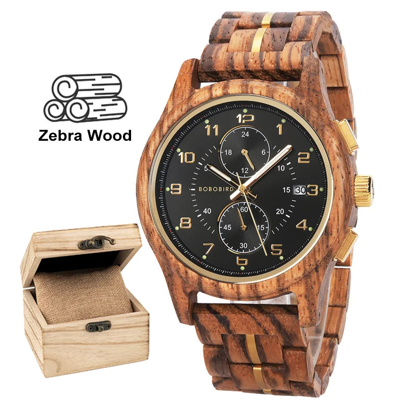 Bobo bird men watches 44mm luxury quartz watch lightweight wooden case and straps for casual support customize gift box