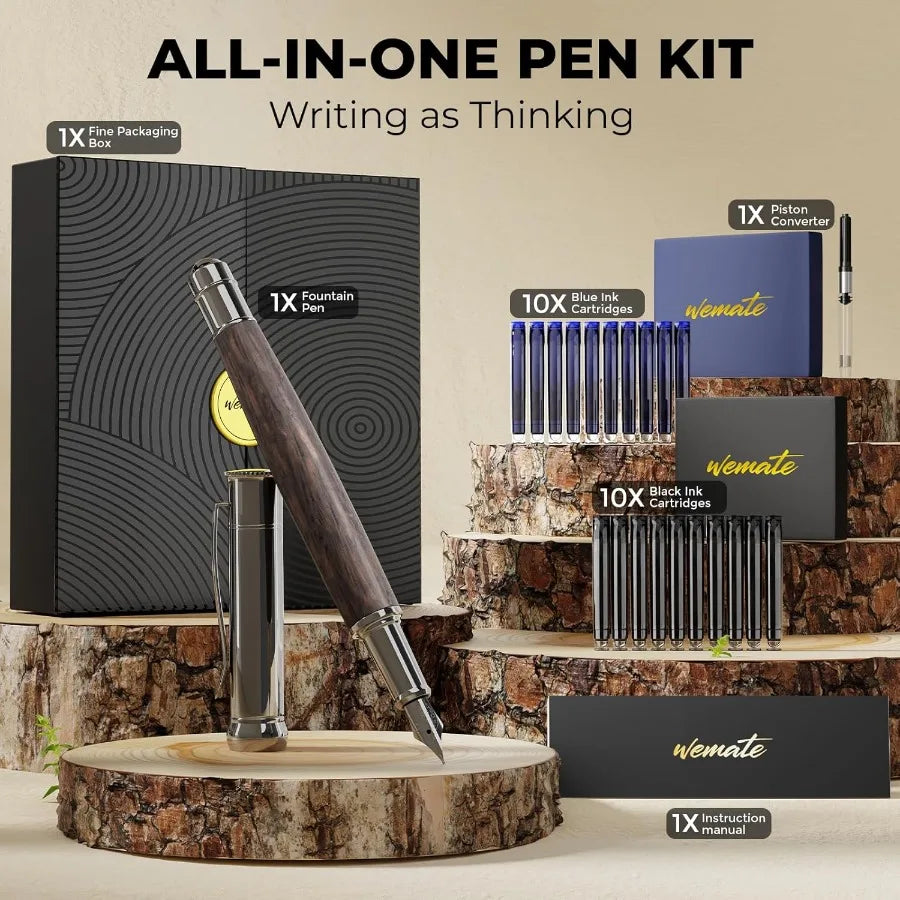Wood fountain pen with ergonomic grip fine nib 20 ink cartridges 10 blackand10 blue 1 converter smooth writingandno