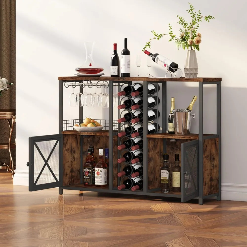 Contemporary wooden home bar cabinet rustic wine buffet with liquor storage and glass holder - rack