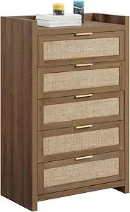 Sicotas dresser for bedroom chest of drawers 46 tall closet with 5 rattan boho night stand large clothes sto