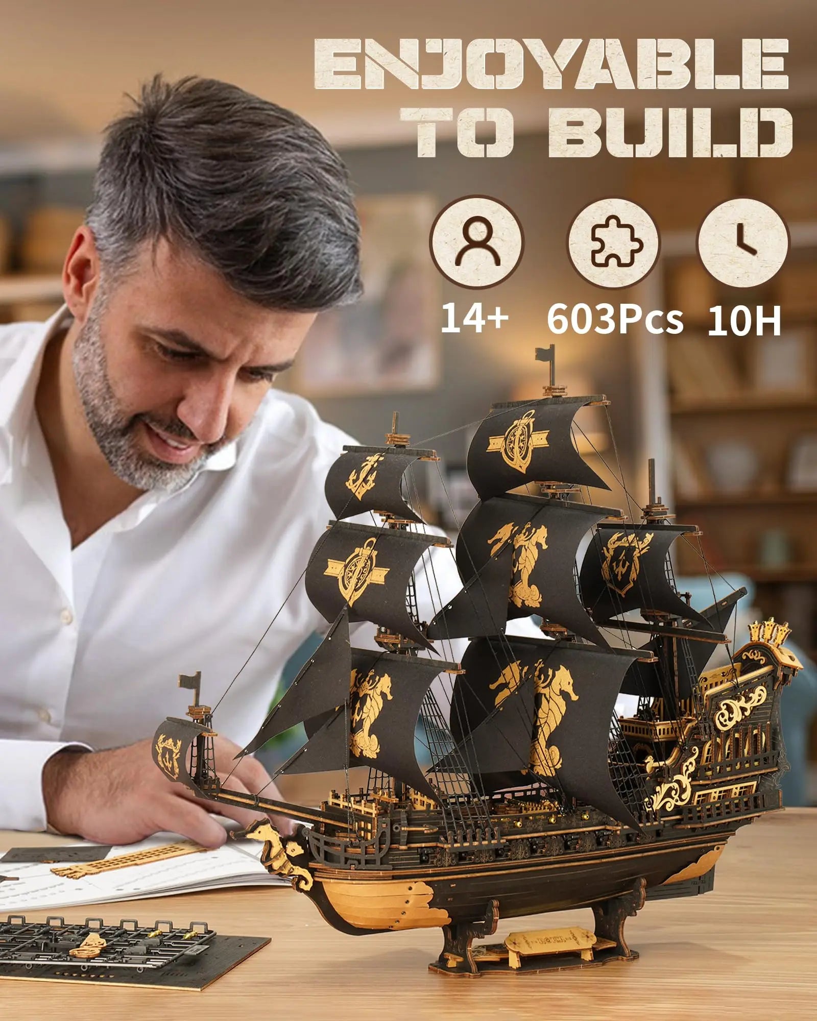 Robotime rokr the seahorse barque pre-colored baroque-era warship for adult gifts family building block kit 3d wooden
