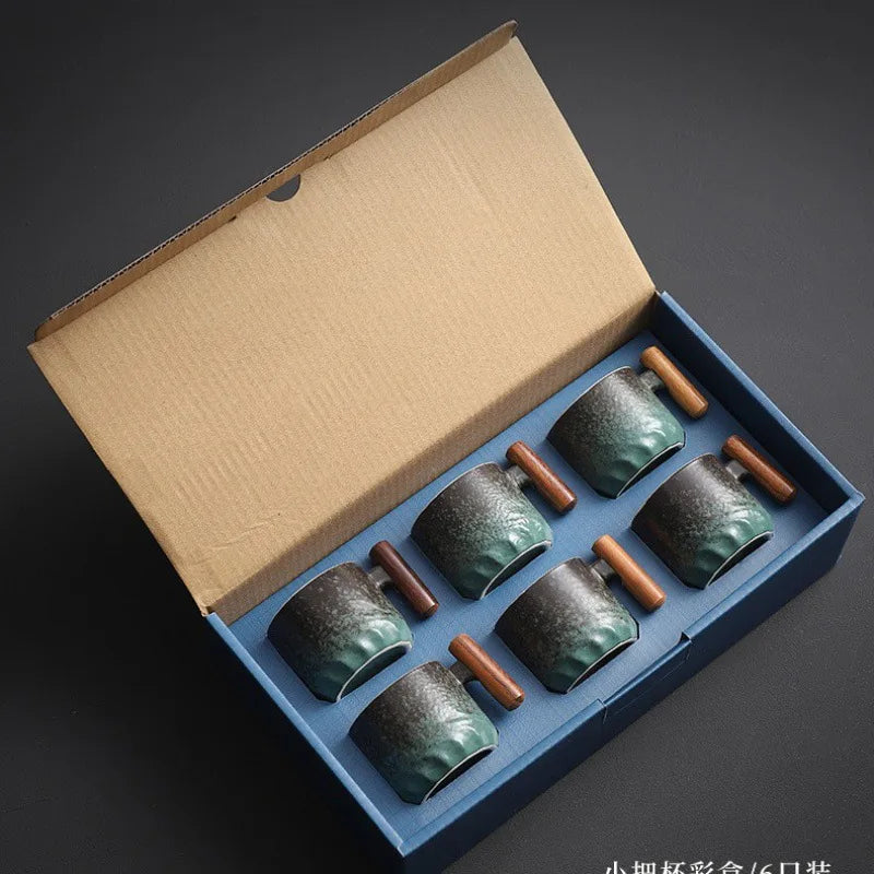 6pcs set ceramic retro espresso coffee cup with wooden handle office water tea mug handmade gift box - 6pcs green