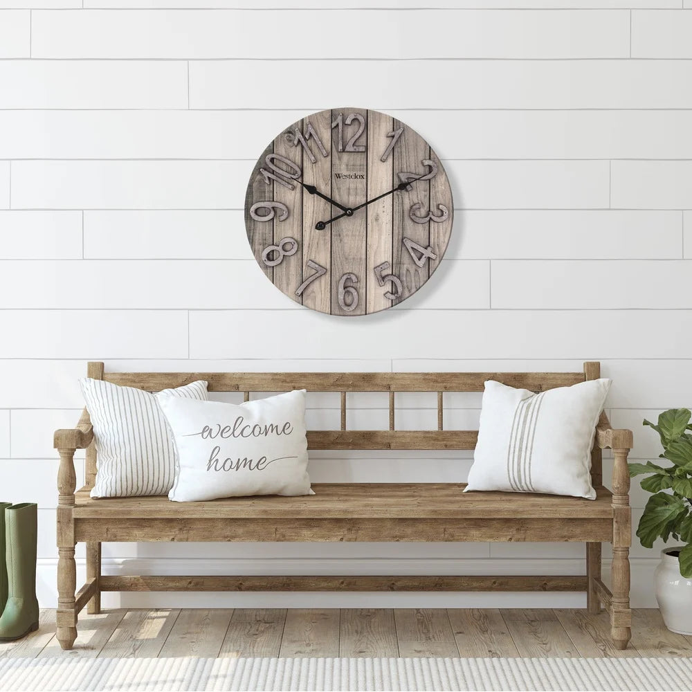 Rustic 15.5 inch wood grain wall clock analog quartz decor timeless design living room kitchen bedroom office - united