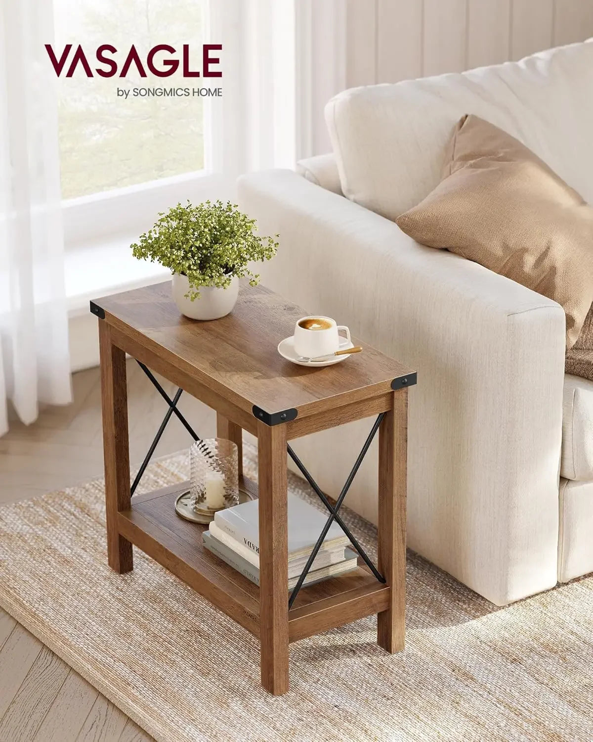 2-tier end table side with bottom shelf nightstand for small spaces,for living room,bedroom,farmhouse style,honey brown