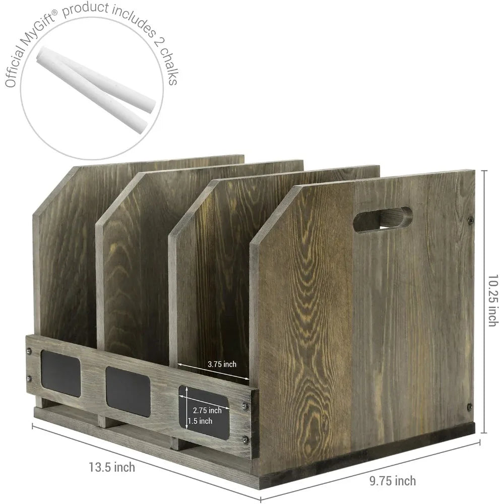 Vintage gray wooden 3-compartment magazine holder with chalkboard label desk document organizer for home and office