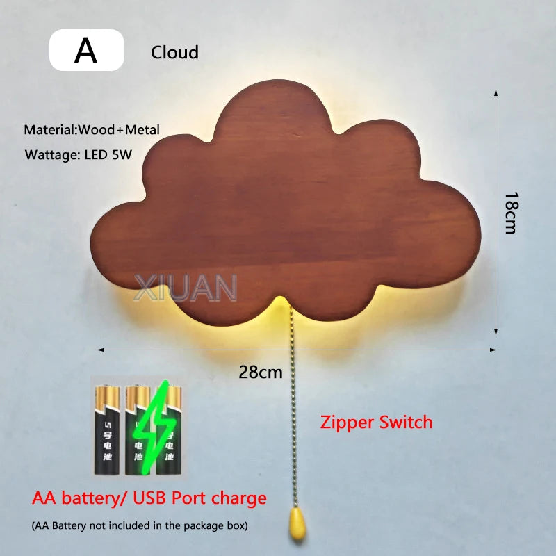 Retro butterfly wall lamps with pull cord switch cloud balloon moon wooden sconces battery charge wireless light