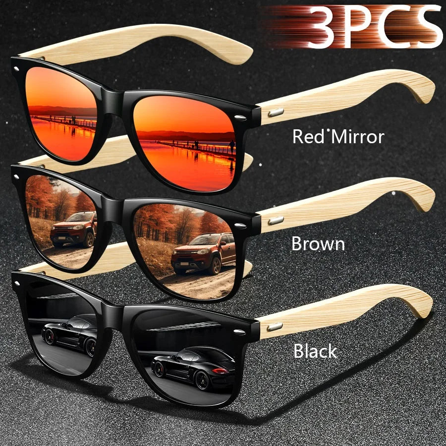 3pcs fashion vintage bamboo wood square sunglasses men women fishing driving man luxury brand designer sun glasses
