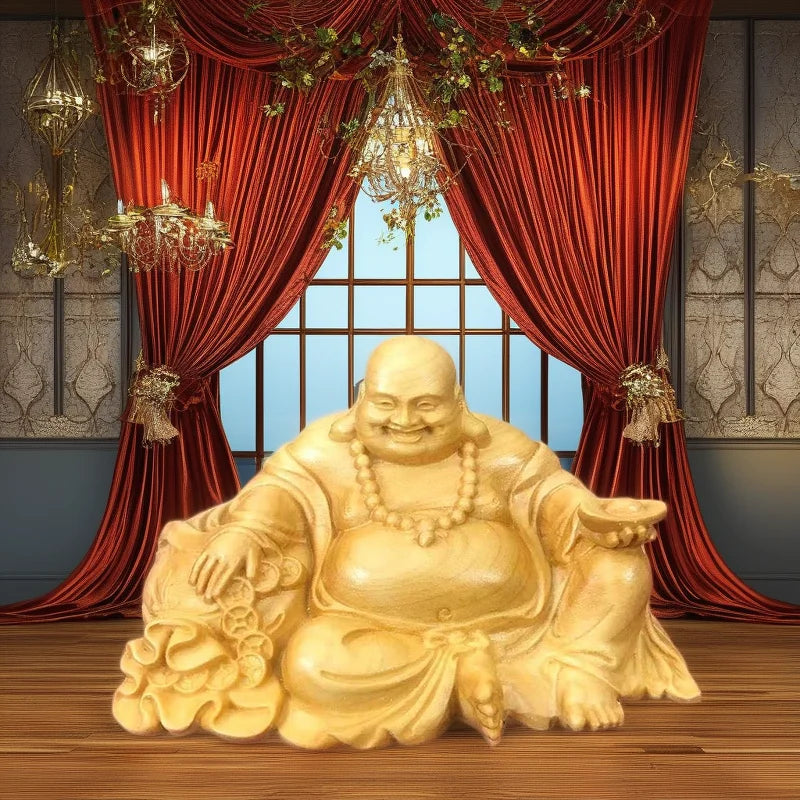 Natural cypress ingot maitreya buddha statue chinese characteristic wood carving home room office god of wealth