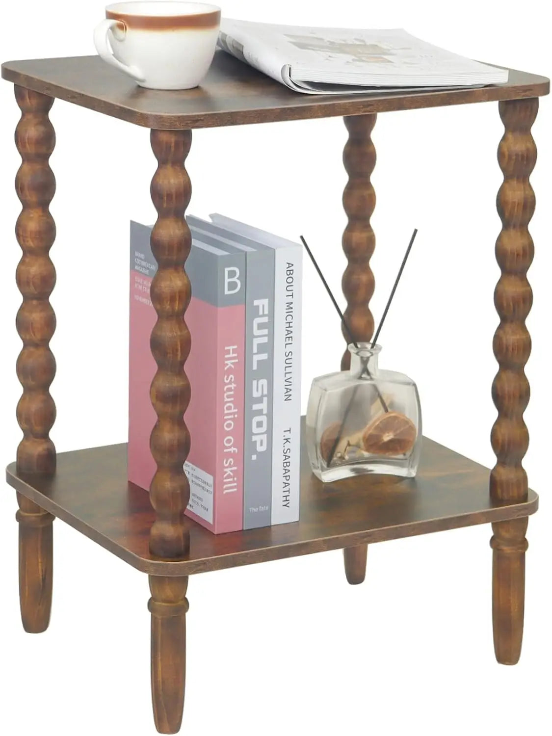Side table small end with storage shelf 2-tier coffee tables living room for bedroom narrow spaces(rustic brown)