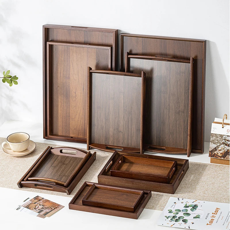 Large size rectangular bamboo wood tea tray display plate walnut color set cup storage handle home use japanese sle