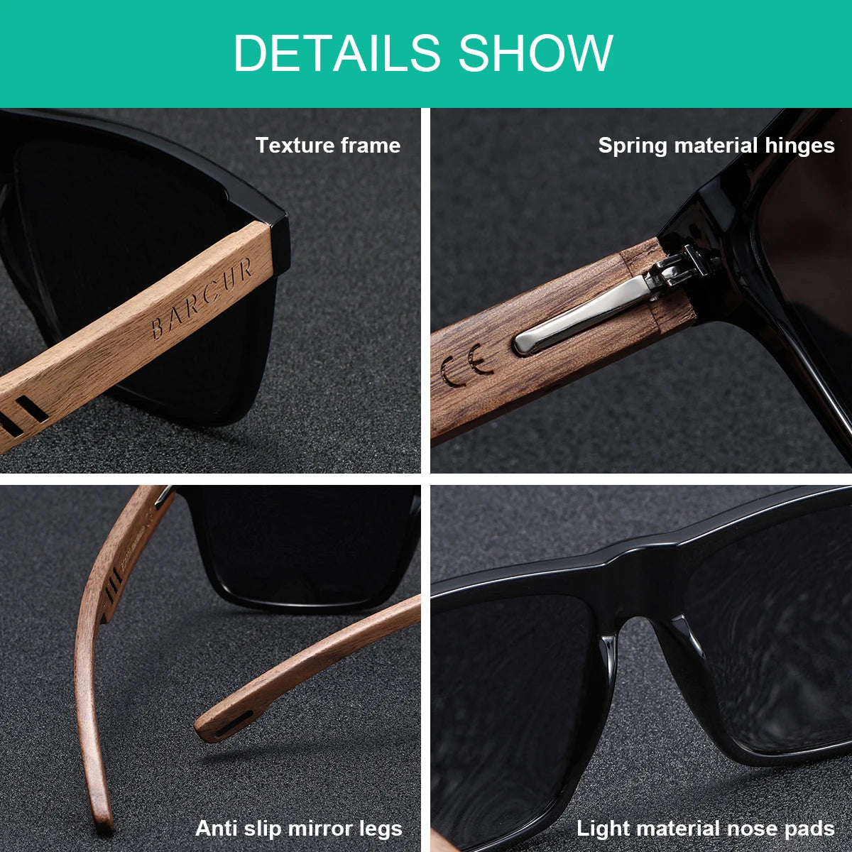 Barcur retro imitation wood grain square men’s polarized sunglasses full frame advanced design uv400 women