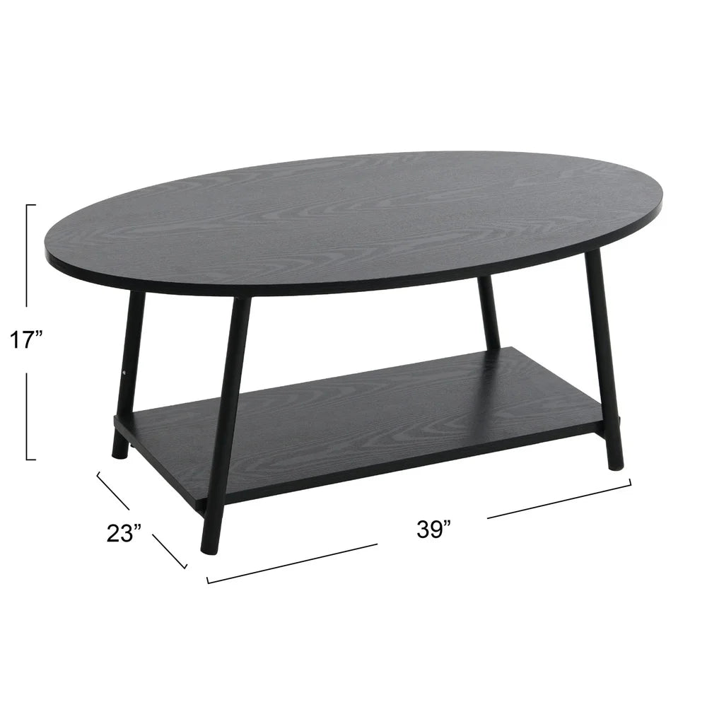 Oval coffee table with storage shelf black oak wood grain durable engineered modern design lightweight easy assembly