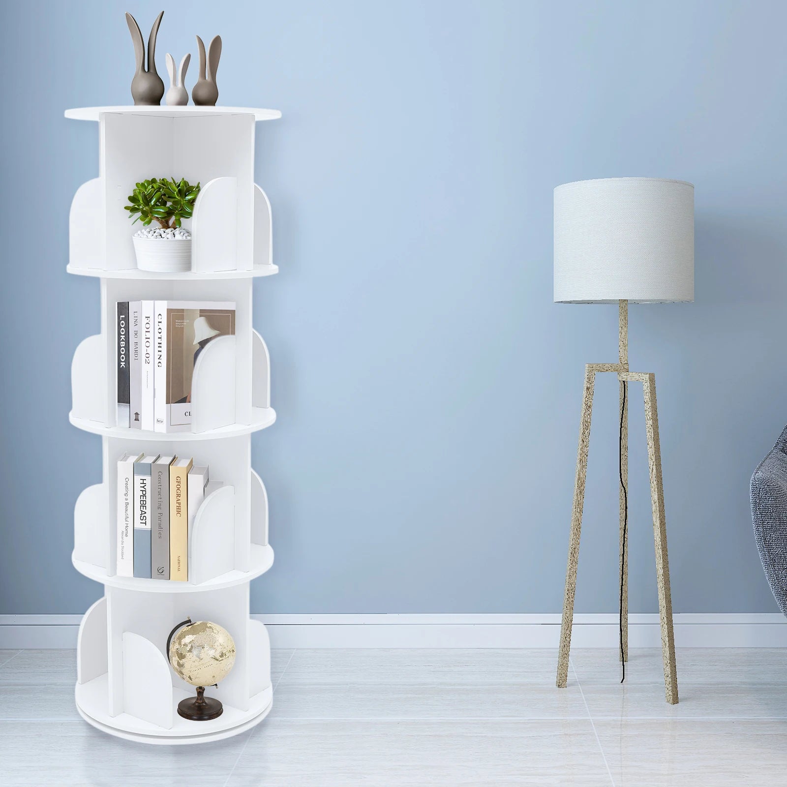 2/4-tier wooden rotatable bookshelf - 360°display floor standing storage rack white multifunctional organizer