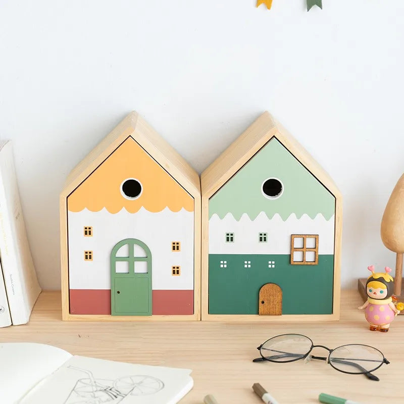 Wood storage box cute house desk drawer organizer large capacity pencil holder makeup brush stationery home office decor