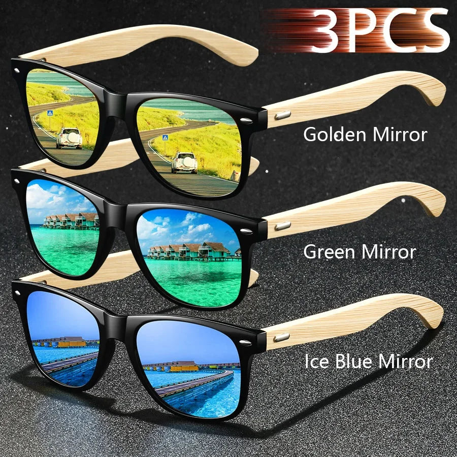 3pcs fashion vintage bamboo wood square sunglasses men women fishing driving man luxury brand designer sun glasses