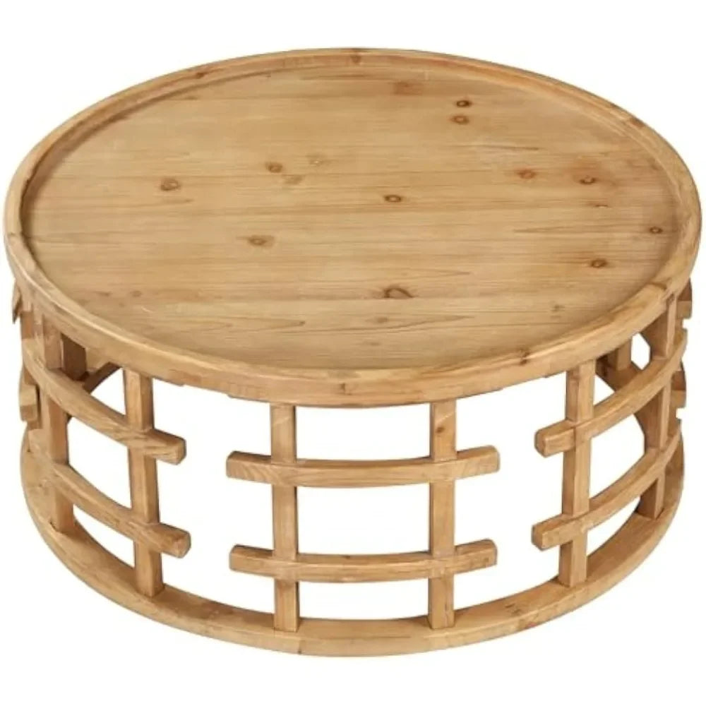 Farmhouse round coffee table french country sofa tables,rustic solid wood finish w/ openwork pattern & curved base