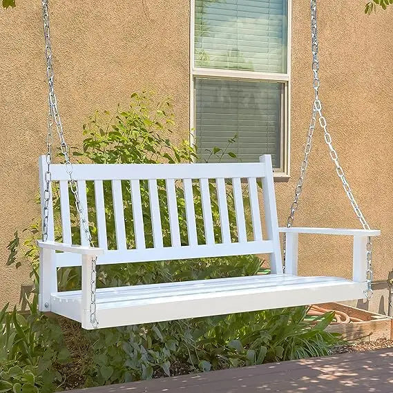 Outdoor patio hanging wooden porch swing 5ft with chains 3-person heavy duty bench for garden and backyard white