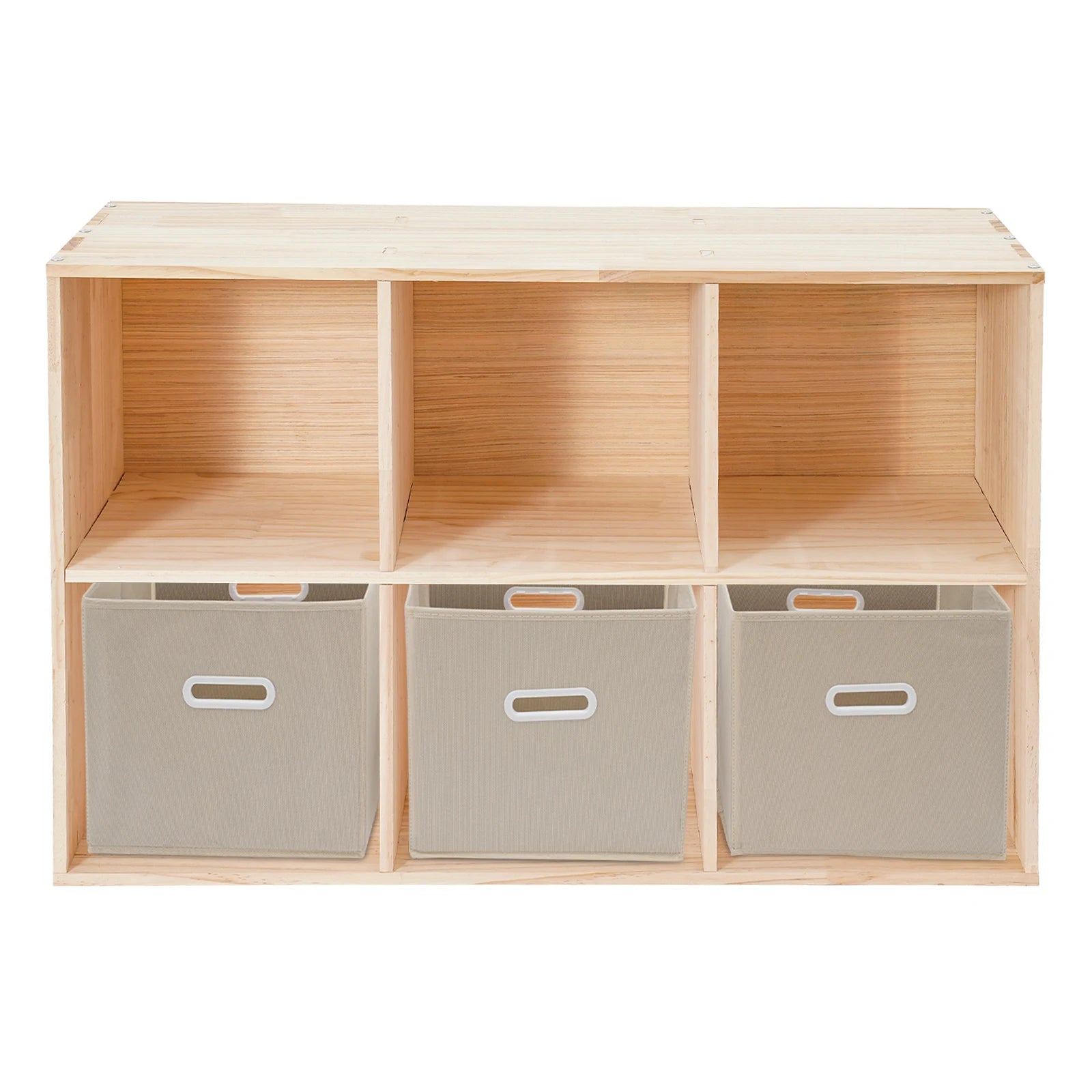 6-compartment solid wood shelves wooden cube shelf bookcase floorstanding bookshelf with 3 fabric baskets - beige