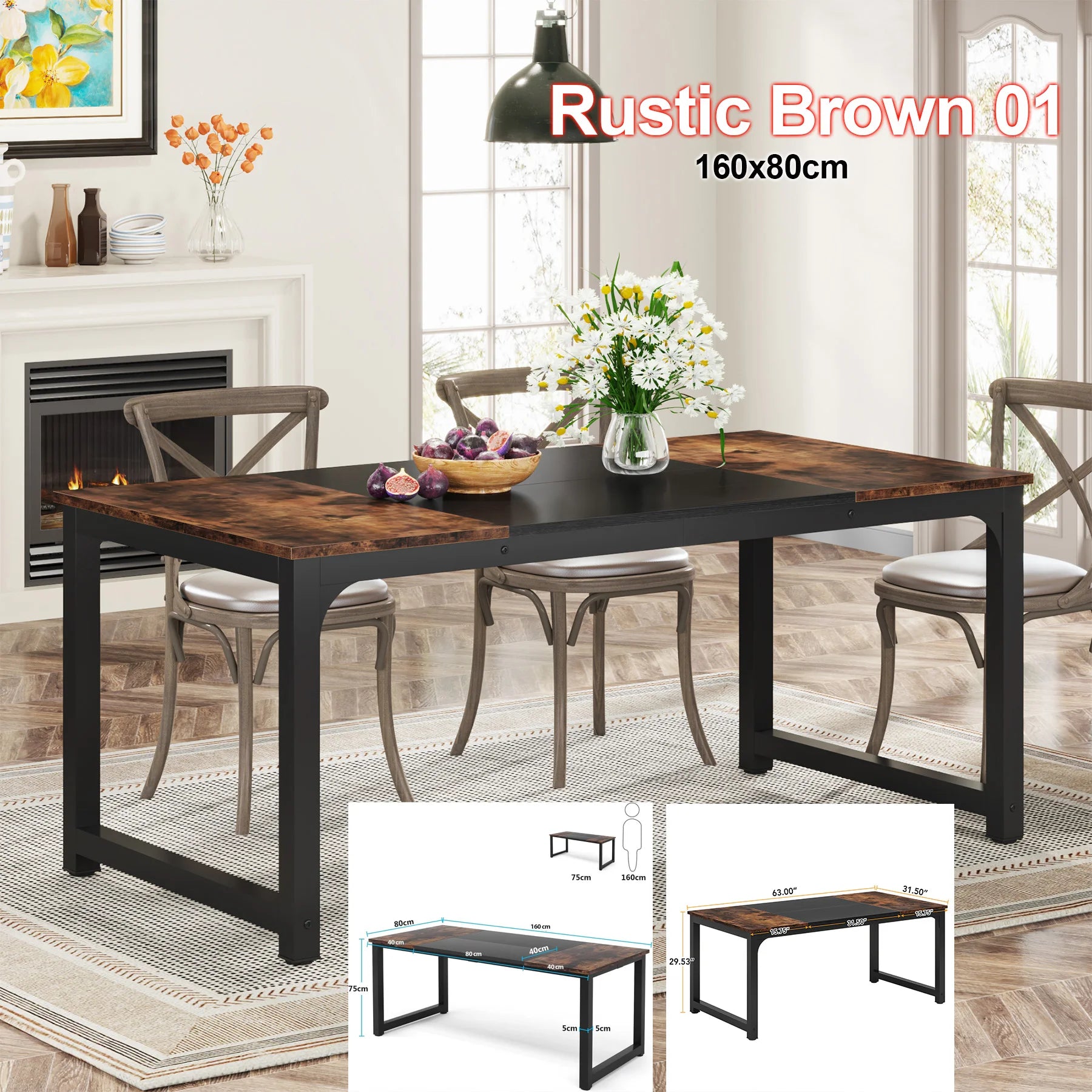 Tribesigns 63’’x31.5’’ dining table industrial kitchen for 6-8 person rectangular dinner room - rustic brown 01