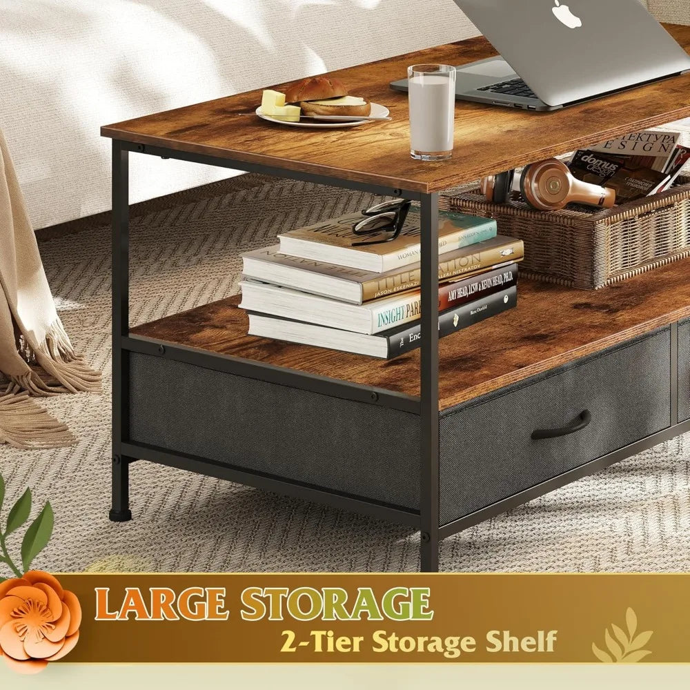 Two-tier wooden storage coffee table with drawers for living room and bedroom - united states / rustic brown