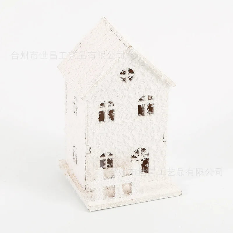 Led lighted christmas village houses xmas snow wooden winter building figurines holiday party decor - type c