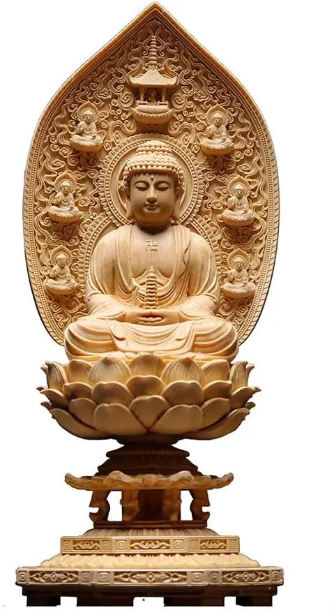 Finely carved hinoki cypress wood eastern saints buddha statues medicine with sunlight and moonlight bodhisattvas