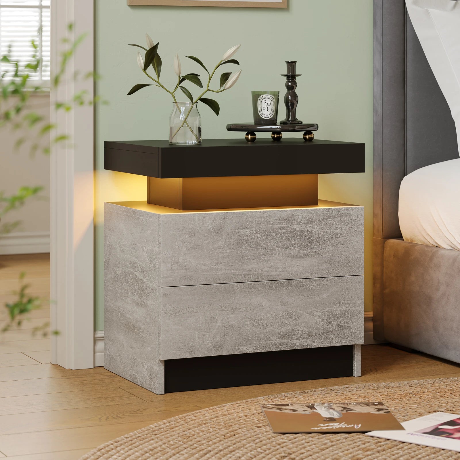 Cubehom led nightstands with 2 drawers end table rgb lights for bedroom living room white bedside - black grey / m
