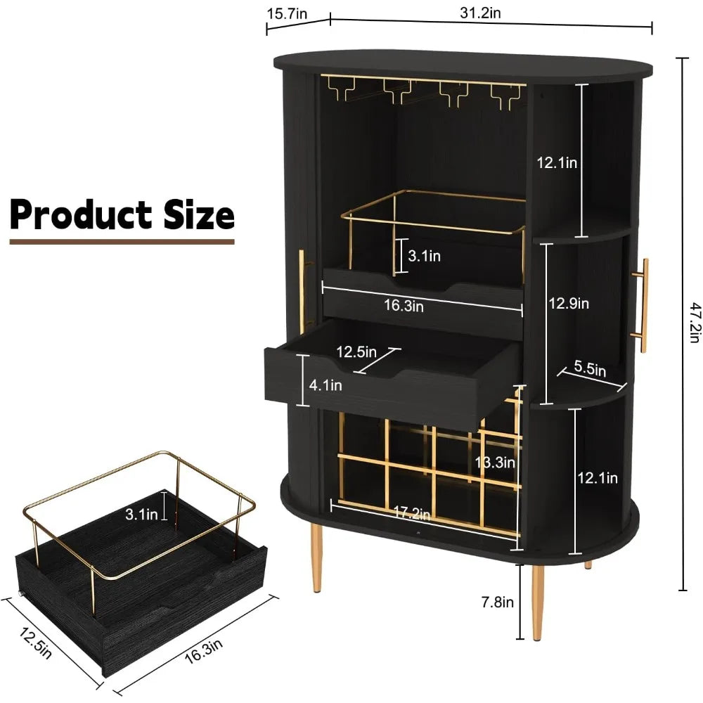 Wooden wine bar cabinet with tambour door 16-bottle rack glass stemware holder coffee station liquor storage - black