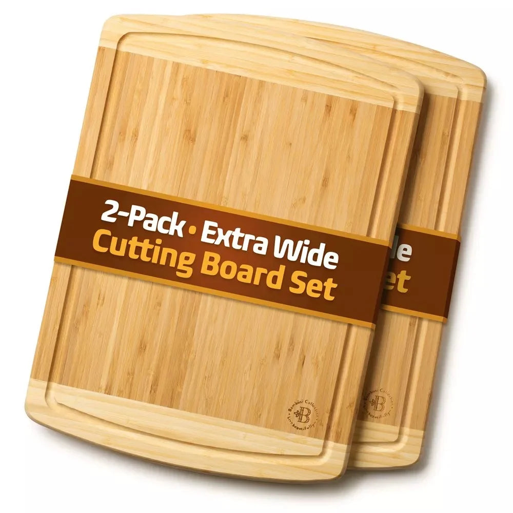 Large bamboo cutting boards set 2 pack deep juice groove charcuterie serving tray non-slip durable kitchen chopping