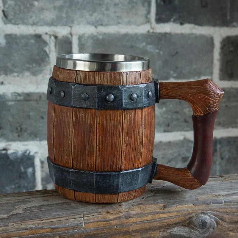 Viking retro beer mug resin 304 stainless steel imitation wood coffee cup double wall jug water barware men’s gift